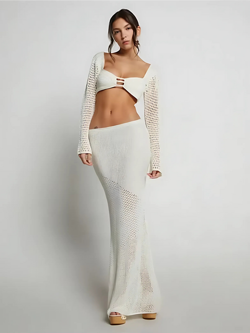 Lunvra Hollow Out Crop Top Long Sleeve Set - LUNVRA