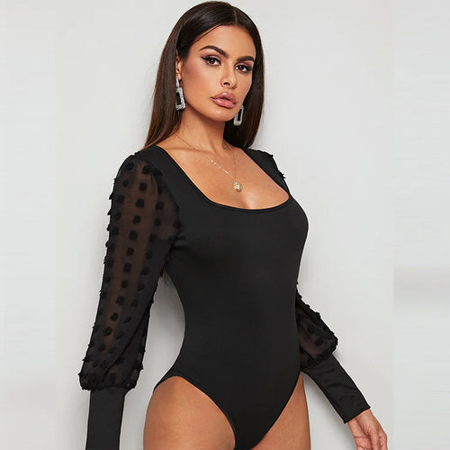 Slim Fit Square Collar Mesh Bodysuit - LUNVRA