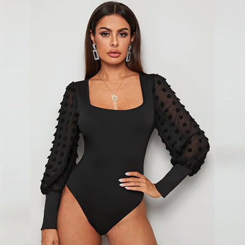 Slim Fit Square Collar Mesh Bodysuit - LUNVRA